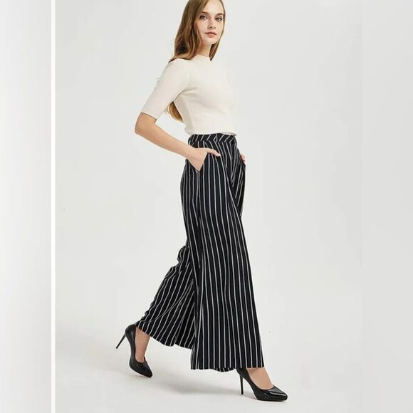 Navy gray and white pinstripe pleated palazzo wide leg trouser pants size large - Picture 1 of 10